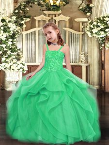 Fantastic Turquoise Lace Up Straps Beading and Ruffles Little Girls Pageant Dress Organza Sleeveless