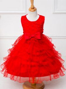 Ruffled Layers and Bowknot Pageant Dress for Girls Red Zipper Sleeveless Tea Length