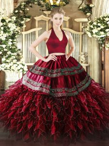 Beauteous Wine Red Zipper Quinceanera Gown Appliques and Ruffles Sleeveless Floor Length