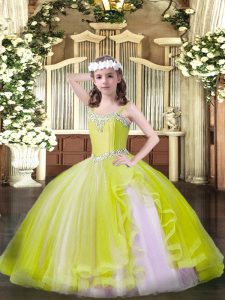 Yellow Lace Up Winning Pageant Gowns Beading Sleeveless Floor Length