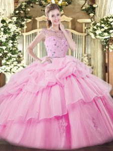 Sleeveless Floor Length Beading and Ruffles and Pick Ups Zipper Ball Gown Prom Dress with Rose Pink