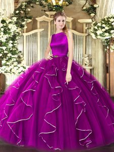 Custom Design Fuchsia Sleeveless Ruffles Floor Length Quinceanera Gowns