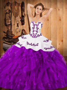 Low Price Satin and Organza Sleeveless Floor Length Quinceanera Gown and Embroidery and Ruffles