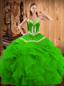 Designer Green Sleeveless Floor Length Embroidery and Ruffles Lace Up Ball Gown Prom Dress