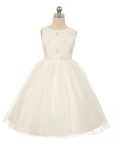 White Tulle Lace Up Scoop Sleeveless Knee Length Girls Pageant Dresses Beading