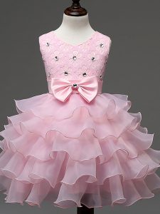 Sleeveless Lace and Ruffled Layers and Bowknot Zipper Little Girl Pageant Dress
