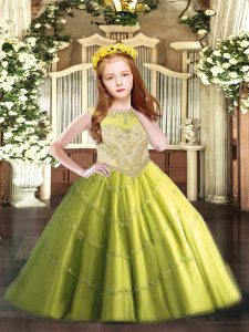 Tulle Scoop Sleeveless Zipper Beading and Appliques Little Girls Pageant Dress Wholesale in Olive Green