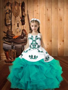Simple Floor Length Aqua Blue Little Girls Pageant Dress Wholesale Organza Sleeveless Embroidery and Ruffles