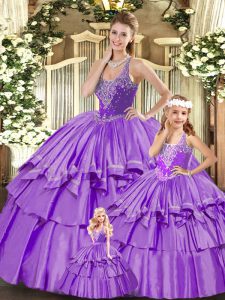 Lilac Organza Lace Up Quinceanera Dresses Sleeveless Floor Length Beading and Ruffled Layers