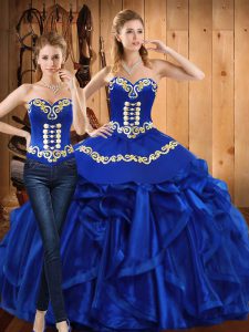 Customized Royal Blue Lace Up Ball Gown Prom Dress Embroidery and Ruffles Sleeveless Floor Length