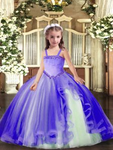 Modern Lavender Lace Up Straps Appliques Glitz Pageant Dress Tulle Sleeveless