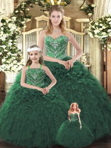 Dark Green Ball Gowns Sweetheart Sleeveless Organza Floor Length Lace Up Ruffles Vestidos de Quinceanera