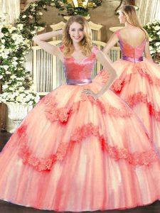 Beading and Appliques Quinceanera Gown Watermelon Red Zipper Sleeveless Floor Length