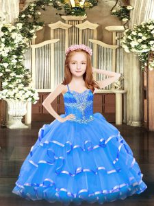 Blue Lace Up Spaghetti Straps Beading and Ruffled Layers Pageant Gowns For Girls Organza Sleeveless