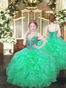 Luxurious Turquoise Organza Lace Up Pageant Gowns Sleeveless Floor Length Beading and Ruffles