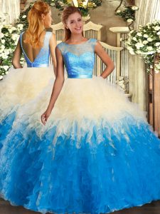 Suitable Multi-color Organza Backless Scoop Sleeveless Floor Length Quinceanera Dress Ruffles