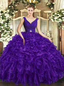Sexy Purple Sleeveless Floor Length Beading and Ruffles Backless Vestidos de Quinceanera