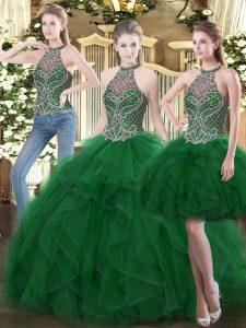 Luxury Floor Length Dark Green Quince Ball Gowns High-neck Sleeveless Lace Up