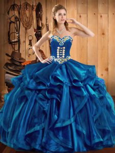 Flare Blue Sleeveless Organza Lace Up 15th Birthday Dress for Military Ball and Sweet 16 and Quinceanera