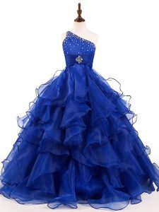 Trendy Royal Blue Sleeveless Organza Zipper Little Girls Pageant Dress for Wedding Party