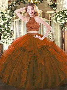 Cheap Brown Two Pieces Beading and Ruffles Sweet 16 Dress Backless Tulle Sleeveless Floor Length
