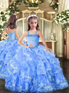 Baby Blue Straps Neckline Appliques and Ruffled Layers Pageant Dress Toddler Sleeveless Lace Up