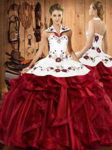 Graceful Wine Red Satin and Organza Lace Up Sweet 16 Quinceanera Dress Sleeveless Floor Length Embroidery and Ruffles