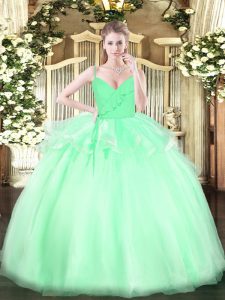 Floor Length Apple Green Ball Gown Prom Dress Spaghetti Straps Sleeveless Zipper