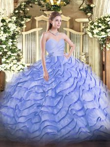 Clearance Sleeveless Beading and Ruffled Layers Lace Up Vestidos de Quinceanera with Blue Brush Train