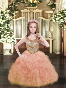 Organza Scoop Sleeveless Lace Up Beading and Ruffles and Pick Ups Little Girls Pageant Dress Wholesale in Orange