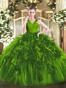 Olive Green Sleeveless Floor Length Ruffles Zipper Vestidos de Quinceanera