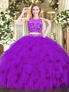 Luxurious Sleeveless Floor Length Beading and Ruffles Zipper Ball Gown Prom Dress with Purple