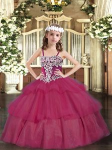 Wine Red Organza Lace Up Straps Sleeveless Floor Length Little Girl Pageant Dress Appliques and Ruffled Layers