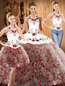 Perfect Multi-color Sleeveless Fabric With Rolling Flowers Sweep Train Lace Up Quinceanera Dress for Military Ball and Sweet 16 and Quinceanera
