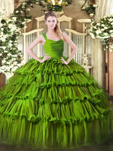 Olive Green Zipper Sweet 16 Quinceanera Dress Ruffled Layers Sleeveless Floor Length