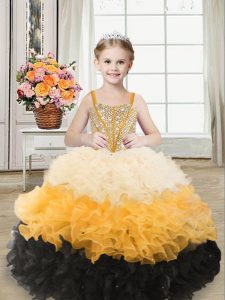 Straps Sleeveless Kids Pageant Dress Floor Length Beading and Ruffles Multi-color Organza