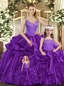 Custom Designed Purple Sleeveless Floor Length Beading and Ruffles Lace Up 15th Birthday Dress