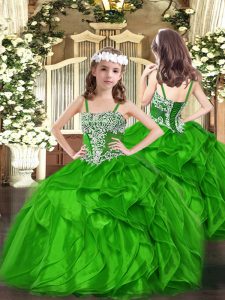 Superior Green Sleeveless Appliques and Ruffles Floor Length Pageant Dress for Teens