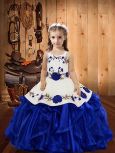Floor Length Lace Up Little Girl Pageant Dress Royal Blue for Sweet 16 and Quinceanera with Embroidery and Ruffles