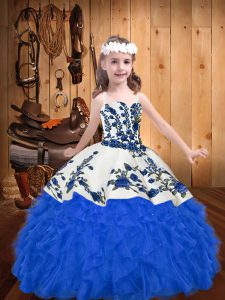 Blue Little Girls Pageant Dress Wholesale Party and Sweet 16 and Quinceanera and Wedding Party with Embroidery and Ruffles Straps Sleeveless Lace Up
