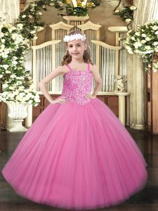 Sweet Straps Sleeveless Winning Pageant Gowns Floor Length Beading Rose Pink Tulle