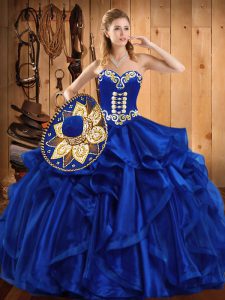 Modern Embroidery and Ruffles Quinceanera Gowns Royal Blue Lace Up Sleeveless Floor Length