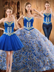Extravagant Satin and Fabric With Rolling Flowers Sleeveless With Train Quinceanera Gown Sweep Train and Embroidery