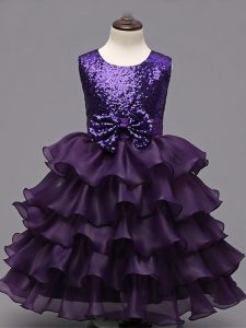 Sleeveless Organza Tea Length Zipper Glitz Pageant Dress in Dark Purple with Ruffled Layers and Sequins