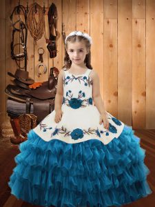 Most Popular Teal Straps Neckline Embroidery and Ruffled Layers Custom Made Pageant Dress Sleeveless Lace Up