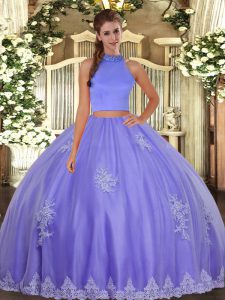 Extravagant Lavender Halter Top Neckline Beading and Appliques Quince Ball Gowns Sleeveless Backless