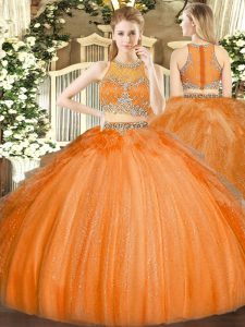 Orange Two Pieces Scoop Sleeveless Tulle Floor Length Zipper Beading 15th Birthday Dress