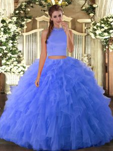 Blue Two Pieces Halter Top Sleeveless Tulle Floor Length Backless Beading and Ruffles Military Ball Dresses For Women