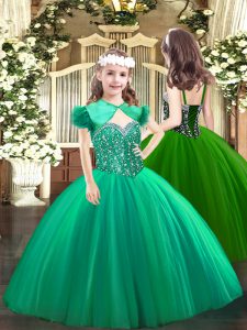 Turquoise Tulle Lace Up Pageant Dress for Teens Sleeveless Floor Length Beading