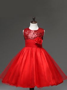 Knee Length Red Little Girls Pageant Gowns Tulle Sleeveless Sequins and Hand Made Flower